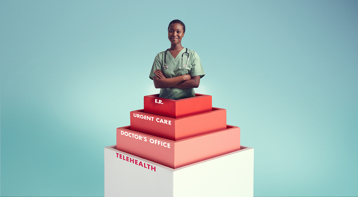 A medical professional stands on a tiered structure representing different options for kinds of care